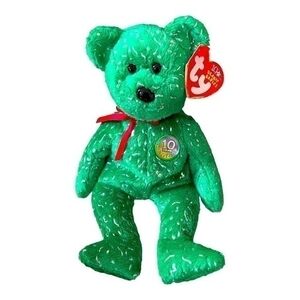 TY Beanie Baby 2003 Decade Green Gold Sparkle Teddy Bear 9" Hologram Pin NWT